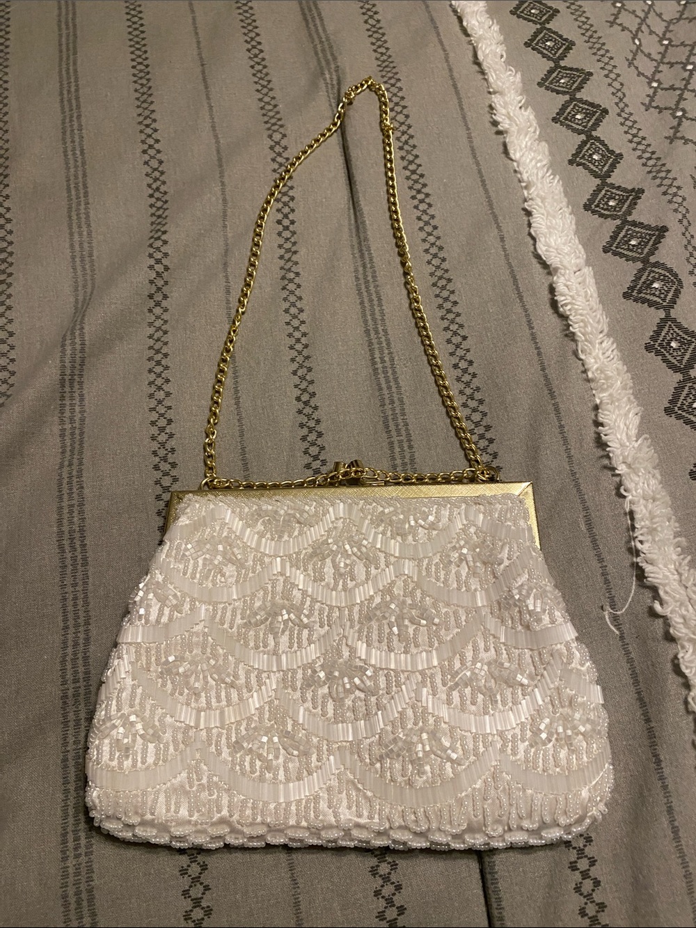 Ivory Beaded Evening Clutch with Gold Chain